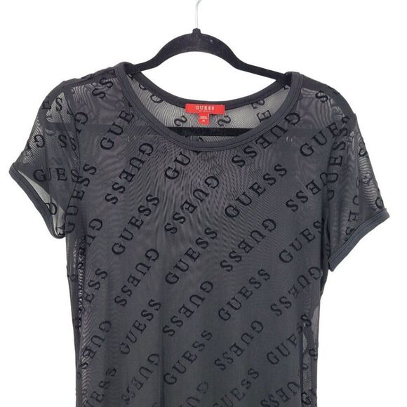 Y2K Guess Black Sheer Mesh Velvet Logo Spell Out Mini Slip‎ Dress Womens Sz M - Picture 9 of 14